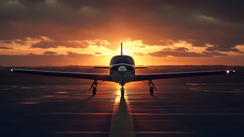 Single-engine aircraft on runway against low sunset sky.
