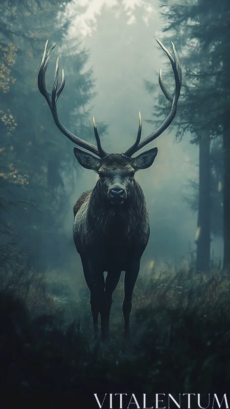 Stag with wide antlers standing alone in a misty forest.