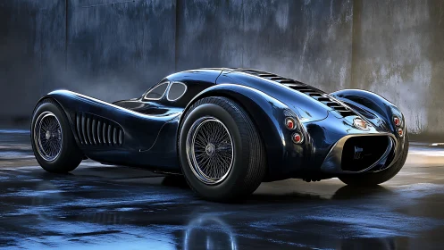 Midnight streamliner prowls a rain-slick urban pit lane.