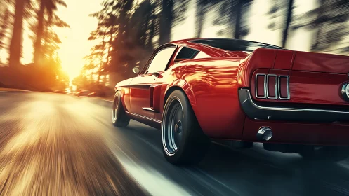 Sunset highway escape with a gleaming red classic car.