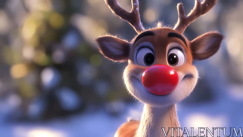 Smiling red-nosed reindeer in soft winter bokeh glow.