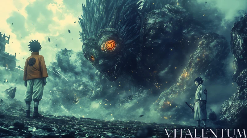 Cinematic anime standoff against colossal chakra-formed monster