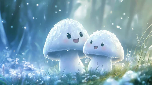 Smiling cartoon mushrooms in dewy blue forest clearing scene.