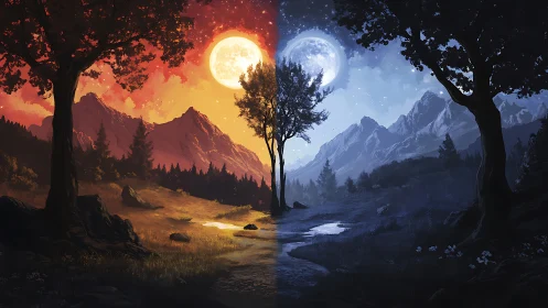 Dual moonlit valley contrasts blazing dusk with icy night