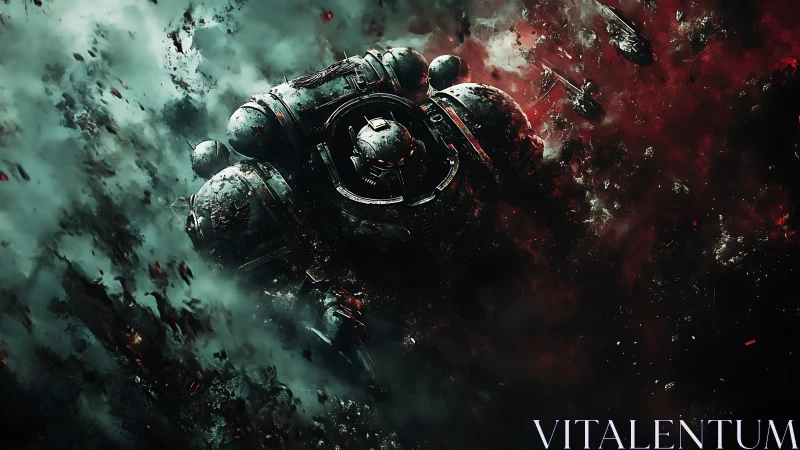 Lone armored warrior drifting through stormy cosmic smoke.