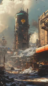 Cylindrical megastructure in post‑industrial snowfield settlement.