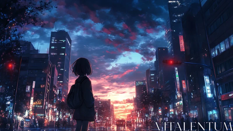 Anime urban dusk streetscape with reflective wet surfaces.