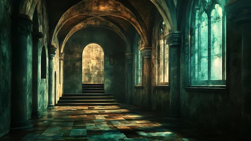 Digital corridor render shows vaulted arches and stained windows