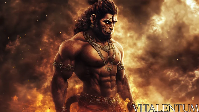 Radiant warrior deity standing strong in glowing embers.