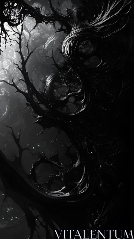 Surreal monochrome tendril vortex with chiaroscuro depth.
