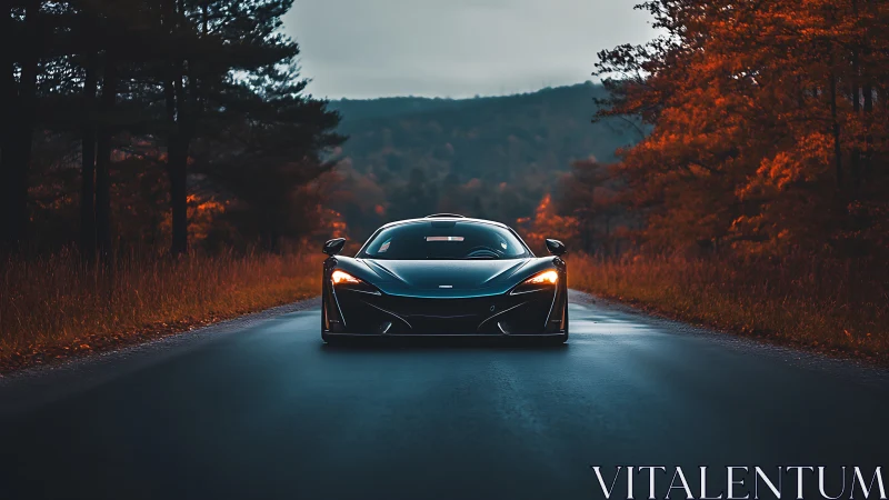 Low supercar front view on wet forest road in autumn light.