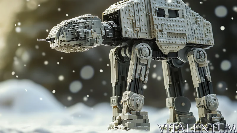 Snowy brick-built walker strides through a gentle winter storm