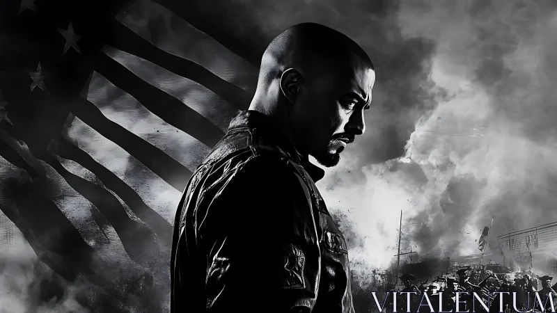 Militarized profile silhouette amid turbulent battle smoke.