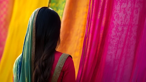 Woman in Traditional Attire Surrounded by Vibrant Drapes.