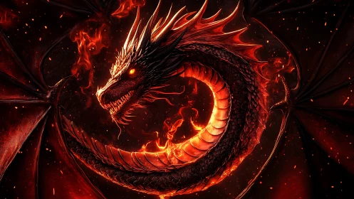 Infernal ouroboros dragon coils in a furnace-red eclipse.