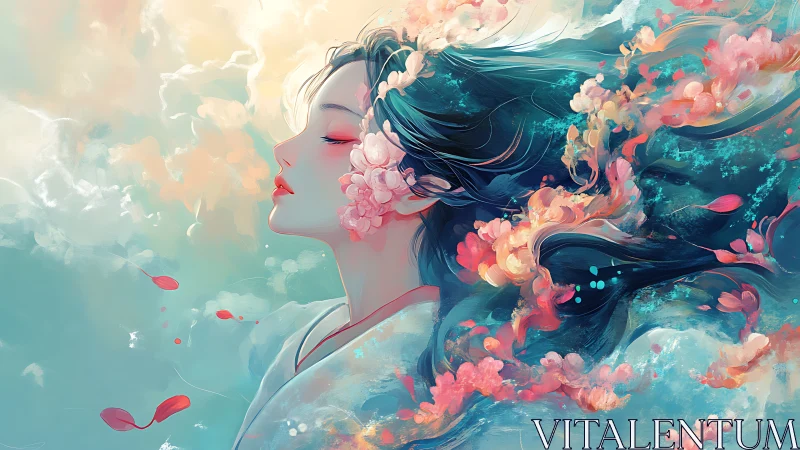 Profile portrait integrates floral stream and dynamic pastel airflow