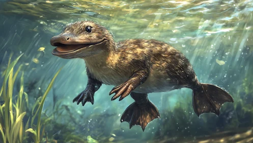 Juvenile semi-aquatic dinosaur swims through dappled light