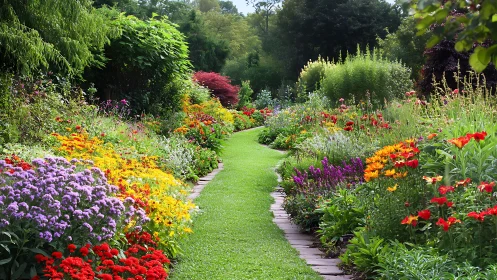Curved garden path framed by layered summer flower borders.