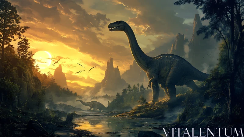 Gentle giant dinosaurs wandering through a golden sunrise valley.