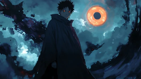 Dark cloaked figure under glowing orange ringed sky.