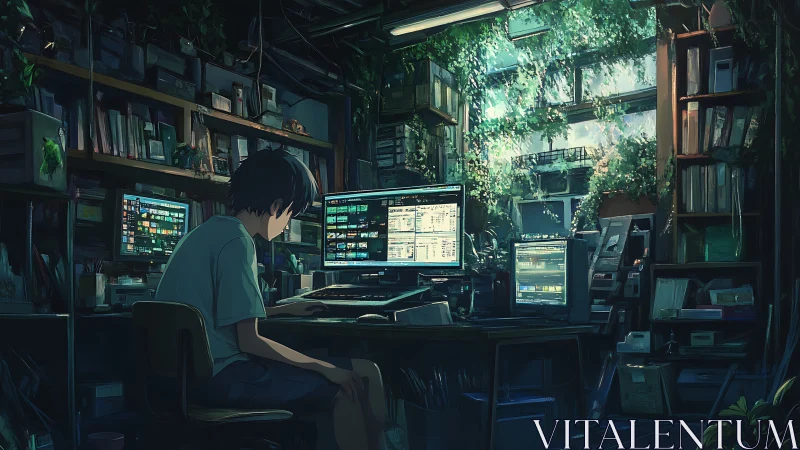 Midnight coder quietly gardens light inside a digital jungle