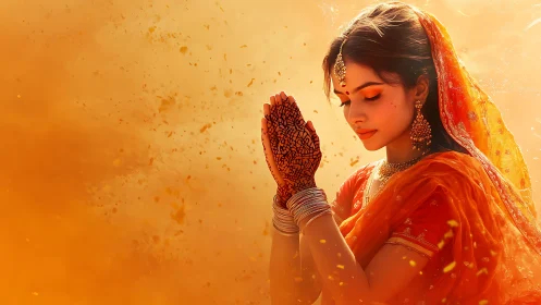 Indian woman in traditional attire praying, vibrant artistic portrait.