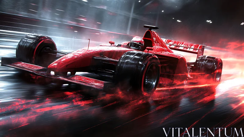 Red Formula race car in dynamic wet night circuit motion