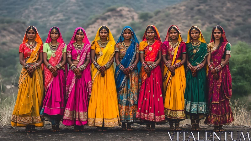 Group of Indian women in vibrant traditional sarees, outdoors.