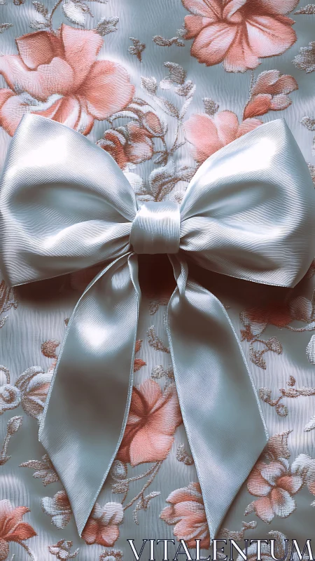 Satin bow on rose jacquard fabric in soft pastel tones.