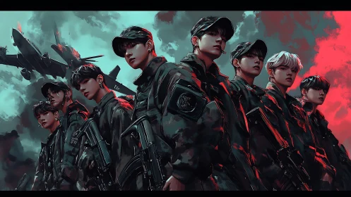 Storm-lit squad of young soldiers under streaked skies.