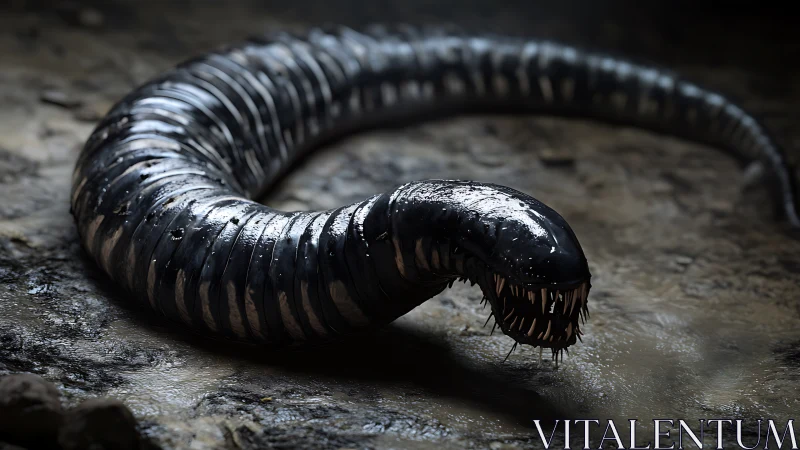 Predatory segmented worm-like creature rests on wet ground