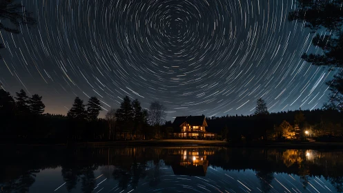Star trail vortex above lakeside cabin in long exposure.