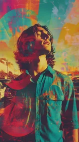 Digital portrait with neon duotone overlays and urban layering.