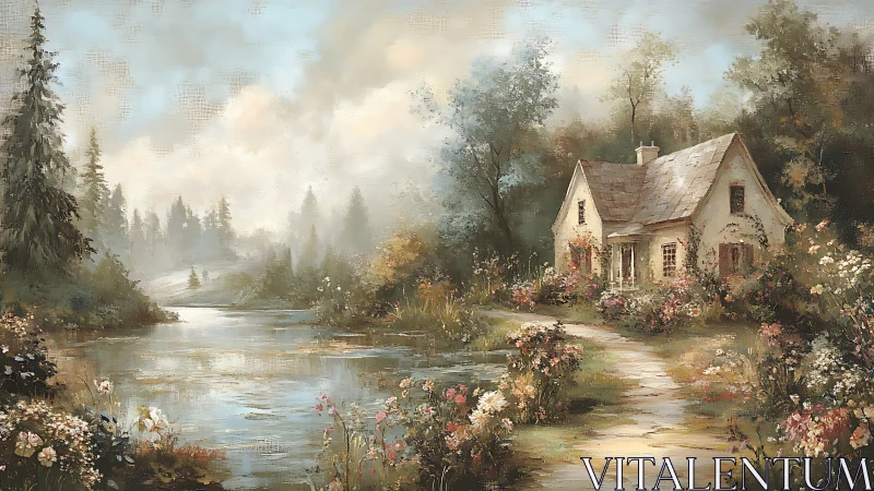 Riverside cottage hums softly beneath a watercolor morning