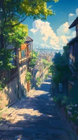 Sunlit hillside alley overlooks distant summer cityscape.