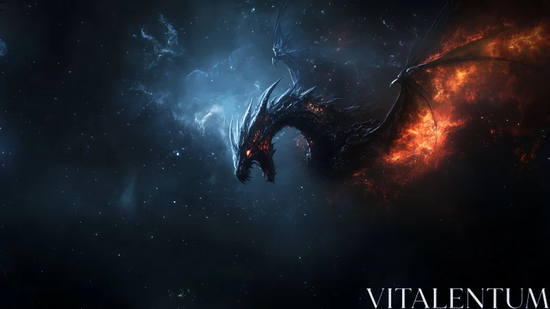 Stellar void dragon with molten wings in deep cosmic nebula