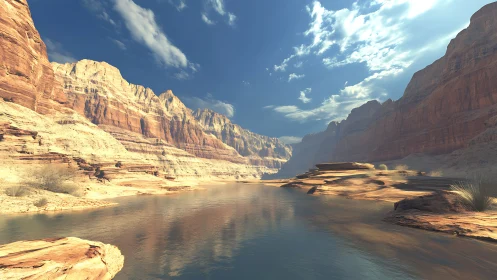Sunlit canyon walls frame a serene desert river bend.