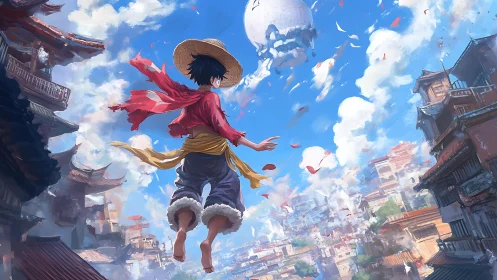 Straw hat hero soars above sunlit fantasy port city