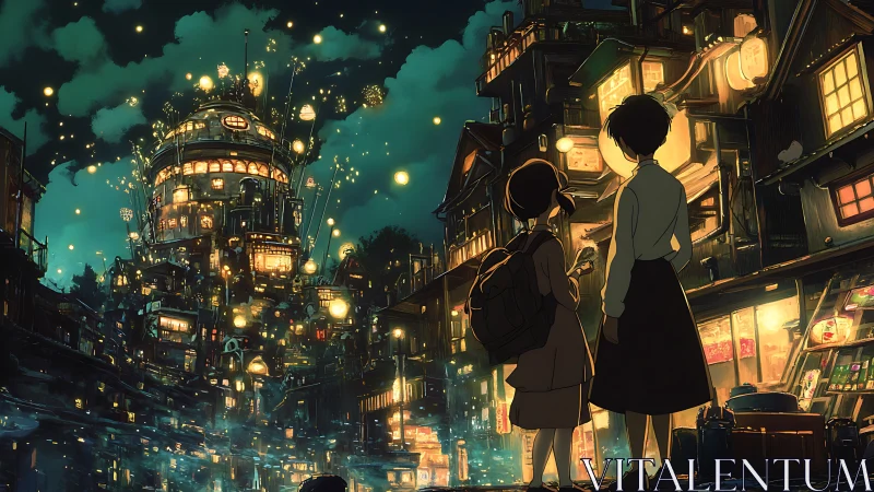 Lantern-lit hill city glows as two curious children wander.