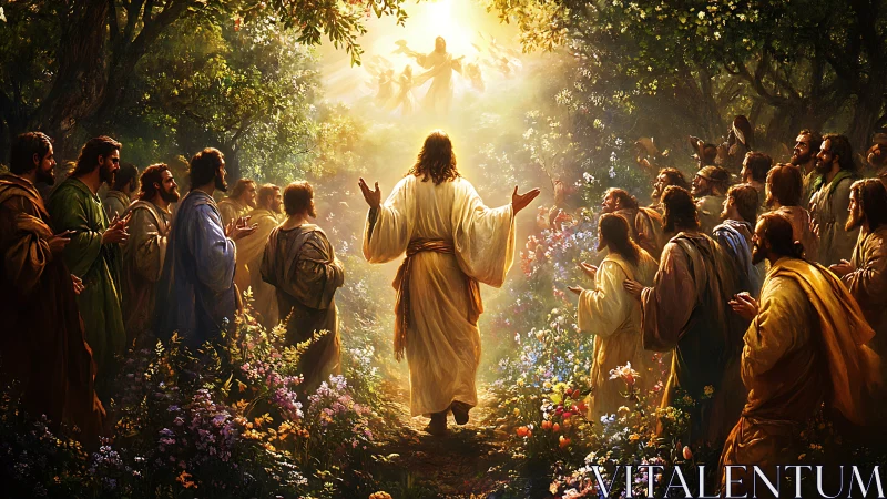 Religious scene with robed central figure and followers.