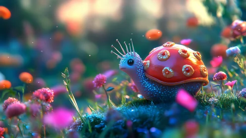 Crowned garden snail wandering through a sparkling flower dream.