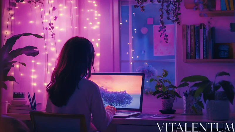 Soft neon dusk coder in a plant-draped dream workspace.