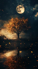 Nocturnal lakeside tree under full moon with amber foliage