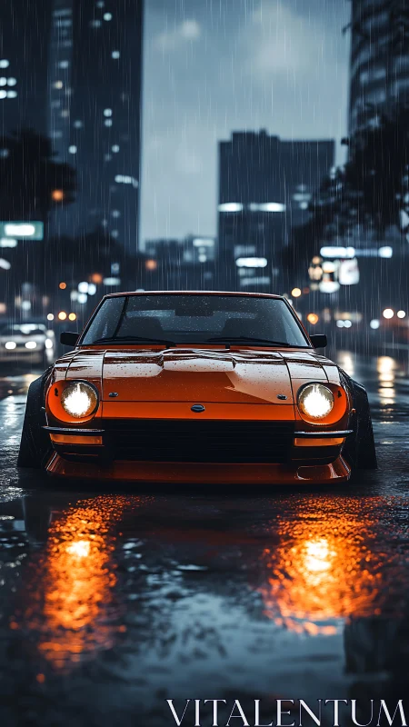 Midnight rain-runner coupe blazing neon puddle trails.