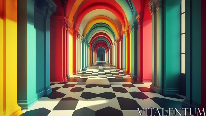 Chromatic neoclassical arcade with geometric tiled flooring.