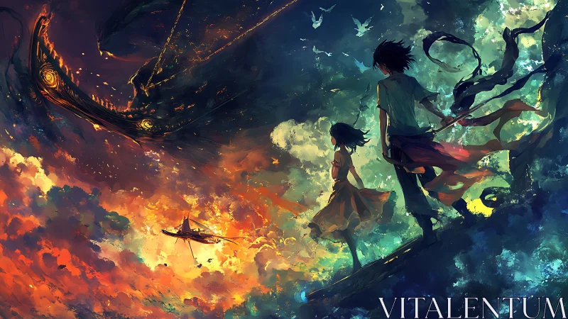 Two youths face vast sky beast above burning clouds.