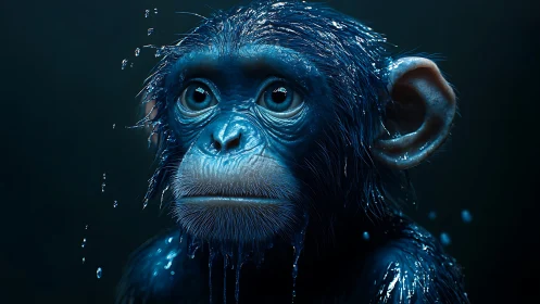 Photorealistic wet juvenile chimp portrait in teal lighting.