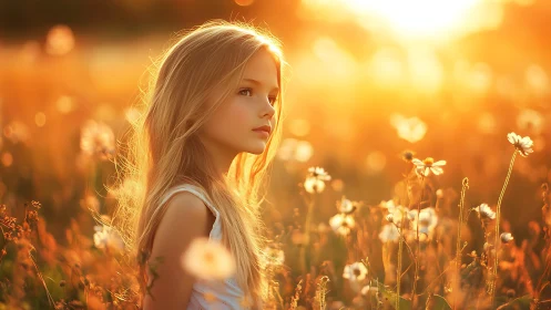 Golden hour portrait of a girl in sunlit wildflower field.