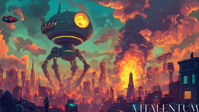 Gigantic tripod assault drone over neon-lit burning megacity