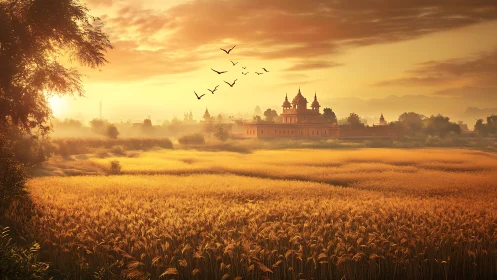 Golden sunrise over temple fields in peaceful countryside.